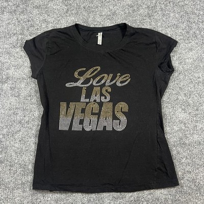 Reserved Love Las Vegas T Shirt Womens XL Black Studded Rhinestone Cap Sleeve