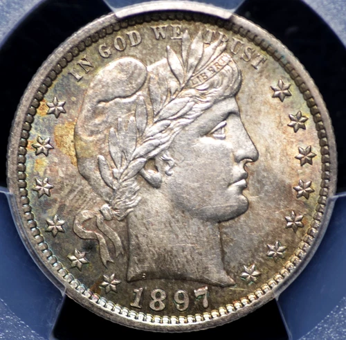 1897 BARBER QUARTER PCGS MS 61 GLORIOUS BRASSY GOLD, REDDISH AMBER, ATLANTIC