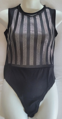 NWOTS Black Sleeveless Bodysuit with Clear Rhinestones Transparent Mesh Sz M
