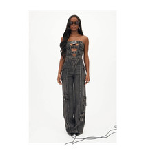 Fashion Nova Black Denim Strapless Wide-Leg Jumpsuit Buckle Cargo Pockets