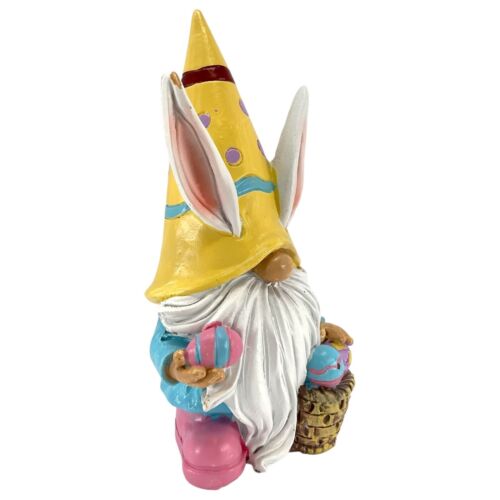 Estatuilla de 4 pulgadas de gnomo de Pascua de pie con orejas de conejo y sombrero amarillo con cesta de huevos - Imagen 2 de 7