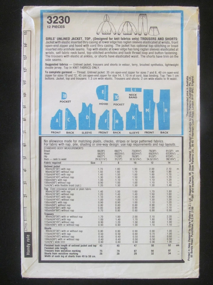 STYLE PATTERN - 3230 GIRLS' JACKET HOOD RAGLAN TOP PANTS SHORTS SIZE 12 UNCUT - Image 2 of 2
