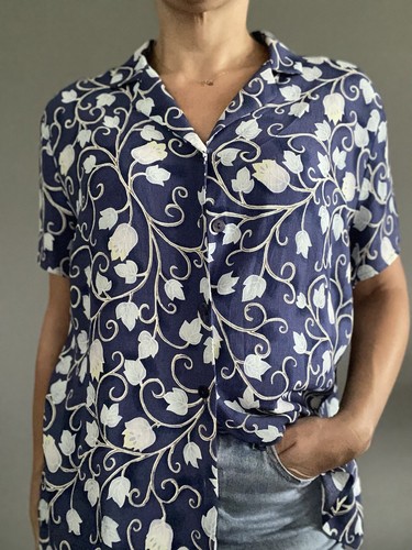 M&S St Michael Vintage 70s Retro floral Print Blue White Blouse Shirt Size 18 - Picture 9 of 12