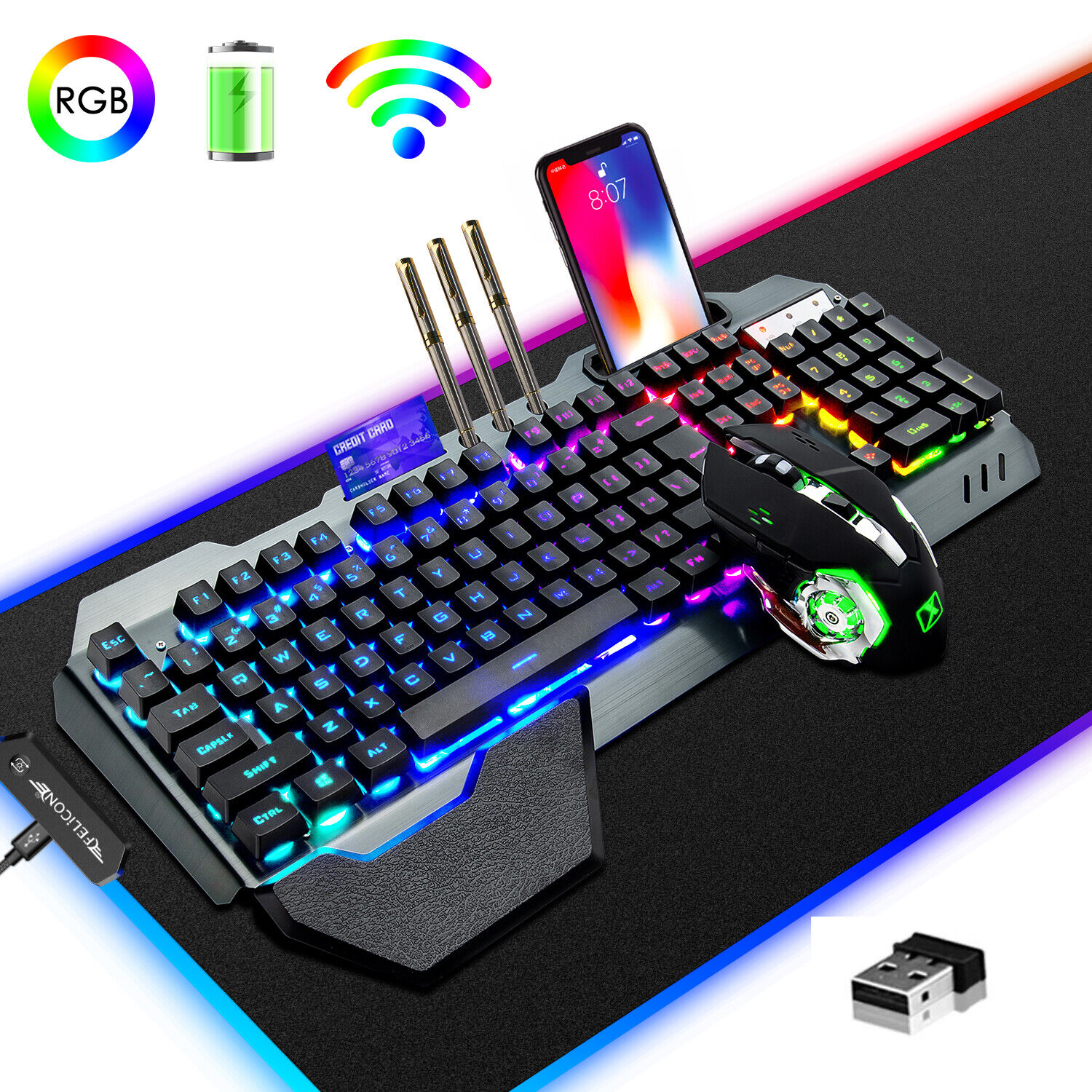 Wireless Gaming Keyboard and Mouse Combo with Mouse Pad, Rainbow LED  Backlit Rechargeable Battery Mechanical Ergonomic Feel Dustproof 7 Color  Backlit