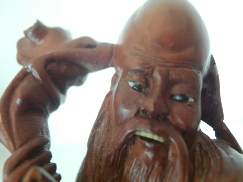 ANTIGUA FIGURA CHINA DIOS DE LA LONGEVIDAD SHOU XING TALLADA A MANO PALO DE ROSA Foto 2 de 4