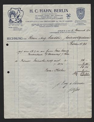 BERLIN, Rechnung 1910, H. C. Hahn Niederlassung Porzellan-Fabrik Fischer & Mieg