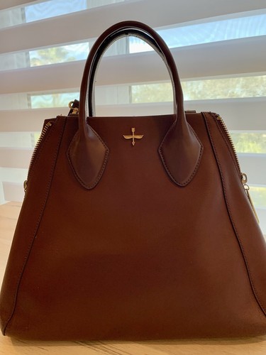 POUR LA VICTOIRE Burgundy leather handbag 2 Gold Side Zip Tote Straps Maroon WOW - Picture 6 of 21