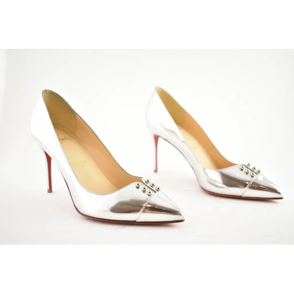 Christian Louboutin Predupump 85 Silver Specchio Leather PVC Stud