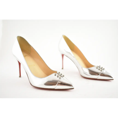 Christian Louboutin Predupump 85 Silver Specchio Leather PVC Stud