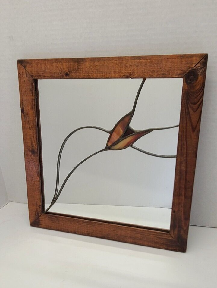Vintage Stained Glass Wood Framed Mirror Flower Tulip Art 14 1/2