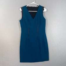 Tahari Dress Womens 6 Blue Solid Print V-Neck Sleeveless Zipper Business Casual