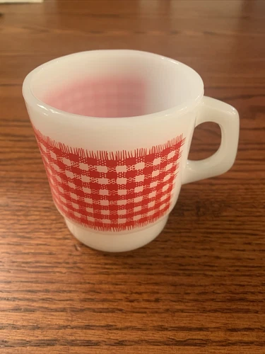 Anchor Hocking Fire King Red Checkered Stackable Coffee Tea Mug Gingham Plaid