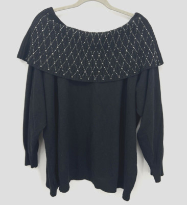 Vila Milano Sweater Womens Plus Black Big Collar Beaded Art Deco Artsy Pullover