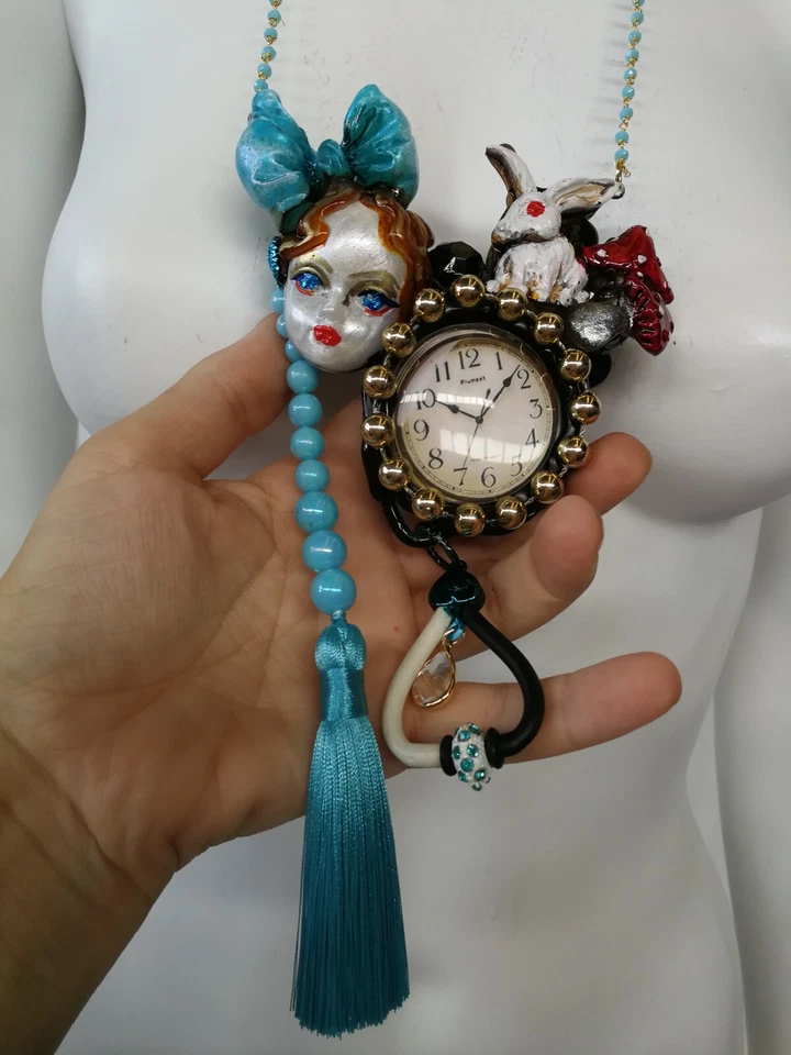 White Rabbit Alice in Wonderland Jewellery Necklace Pendant Art Deco Clock Jewel - Image 3 of 4