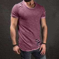 Men's Slim Fit O Neck Short Sleeve Muscle Tops Tee T-shirt Ripped Casual Blouse