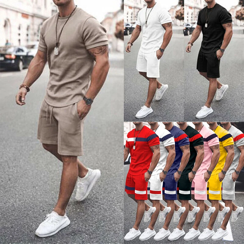 Mens Summer 2-Piece Set Short Sleeve Shirts and Shorts Sweatsuit Set |