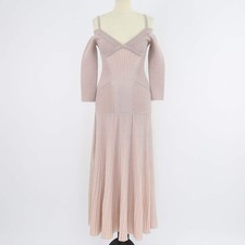 Alexander McQueen Pink Blend Wool Ribbed Knit Off-Shoulder Maxi Dress