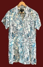 Tahari Women's Blue White Tropical Print Linen Button Up Dress Medium