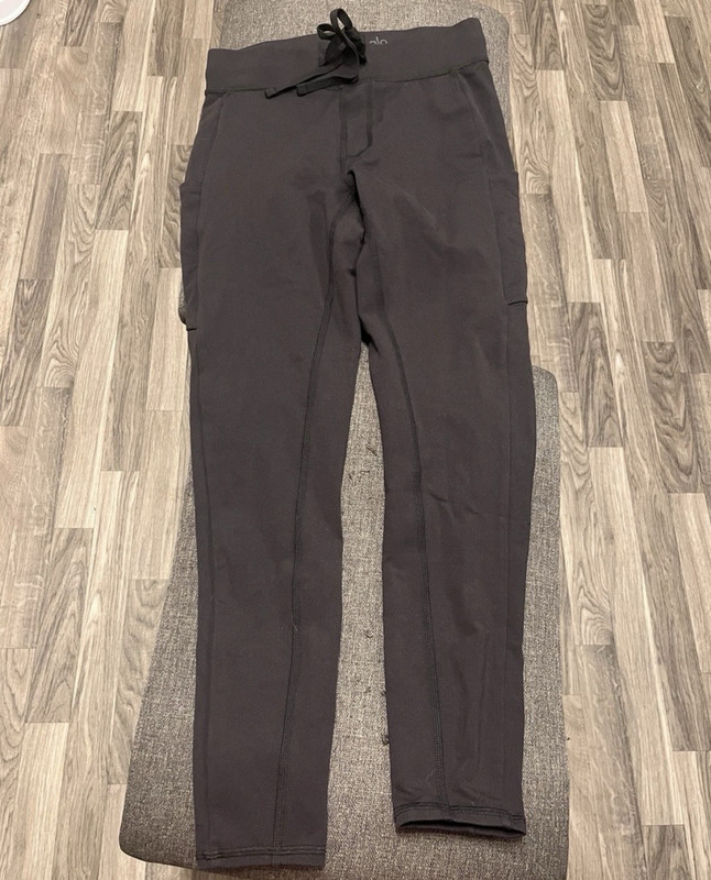 Alo Yoga Women's Black High-Rise Ankle Leggings S Solid Knit Drawstring Logo