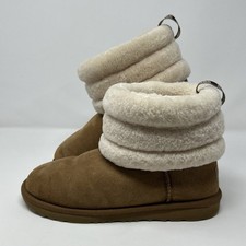 UGG Fluff Mini Quilted Chestnut Suede Sheepskin Boots Kids Size 6 1103612K
