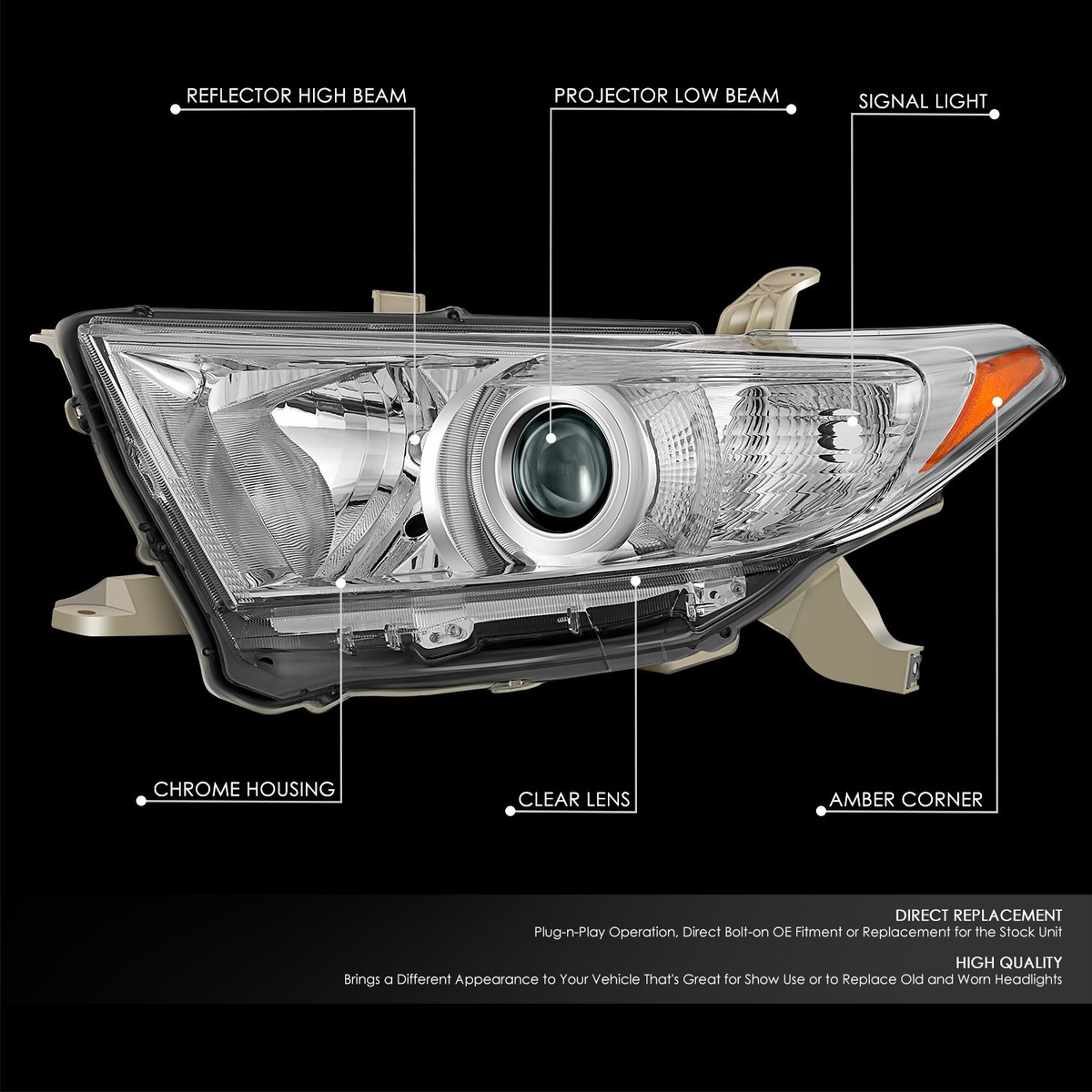 For 2011-2013 Toyota Highlander Chrome Projector Headlight Lamp