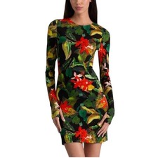 Alice + Olivia Delora Tropical Print Long Sleeve Mini Dress Black Floral 6 NWT