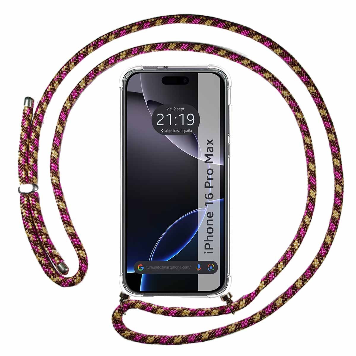 Fodera Trasparente Appesa Per Iphone 16 Pro Max (6.9) Con Corda Rosa / Dorata