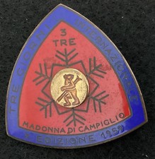 2 Vintage Madonna Di Campiglio Ski lapel Pins Ski Village Italy Skier snowflake