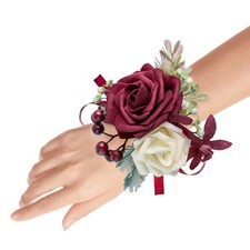 Set of 2 Wrist Corsage Wristlet Burgundy Roses Bridal Shower Wedding Prom
