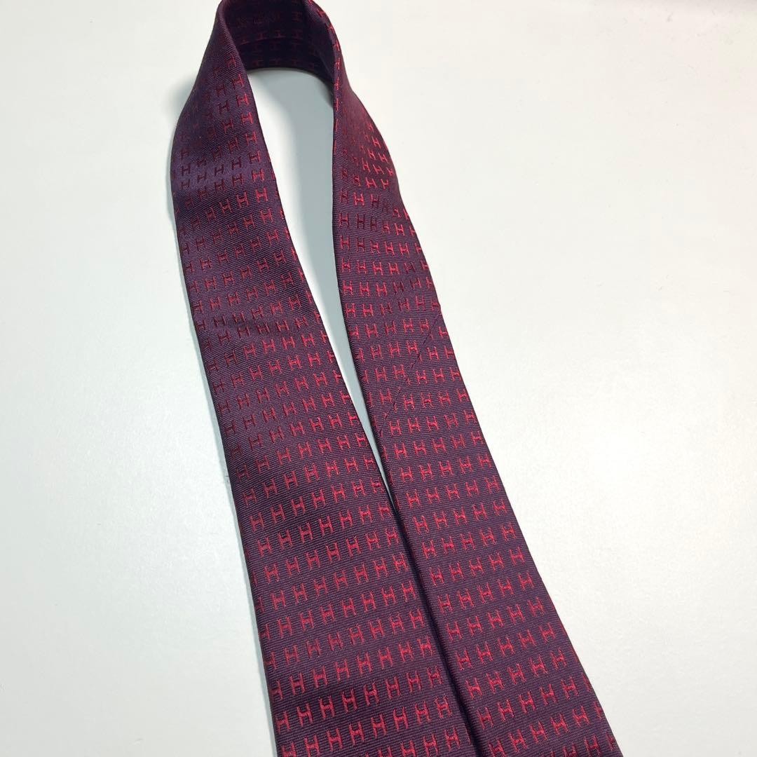 Hermès Fassonné H Pattern Tie Bordeaux Men's Luxury Silk Used thumbnail 7
