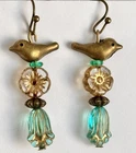 Sweet Bronze Bird with Golden Flower and Aqua Leaf Bead Earrings. Fall