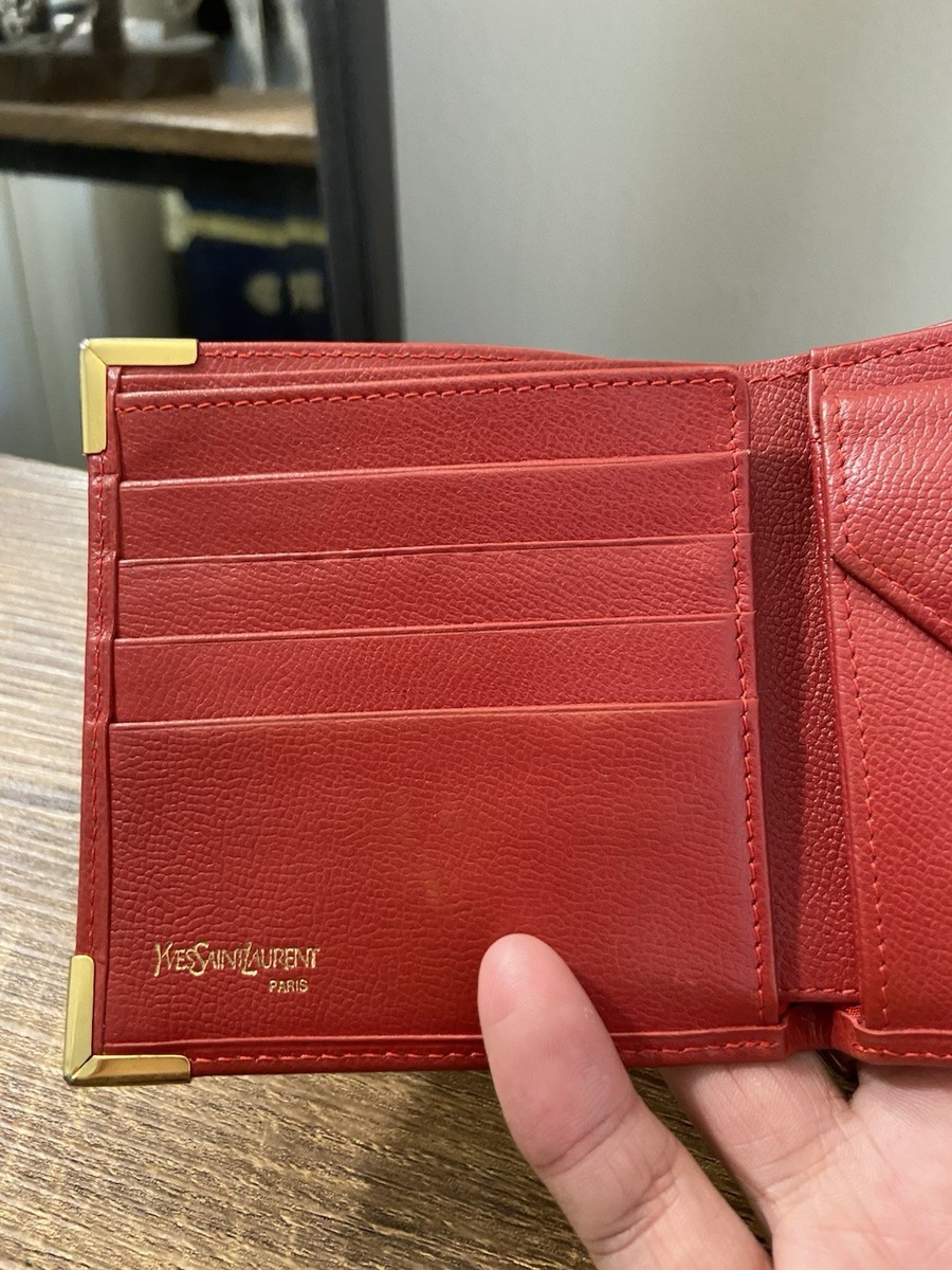 Yves Saint Laurent Red Pebbled Leather Gold Tip Bifold Wallet