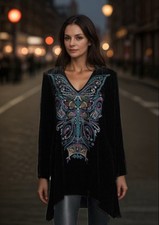 Johnny Was XL Black Velvet Butterfly Tunic Top Mini Dress Embroidered NWOT