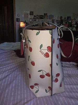 Coach Cherry Print Women s Tote White/Red/Green Zip, Gold Hardware, Charm