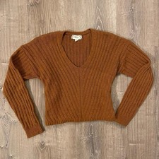 Brown Ribbed Knit V-Neck Pullover Sweater, Size S