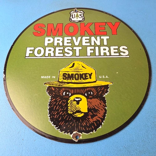 Vintage Smokey Bear Porcelain Sign - Forest Fires Gas Pump Forest Station Sign