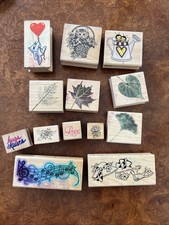 Lot of 13 Wood Rubber Stamps Kitten, Garden, Leaves, Patterns, Music