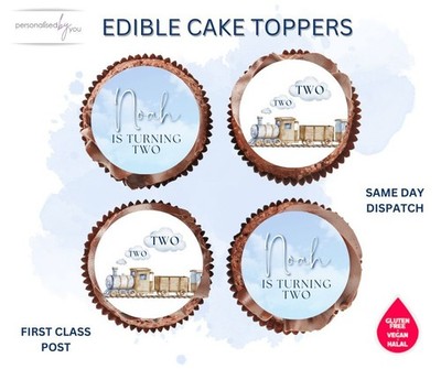 ESSBARE Cupcake 2. Geburtstag Topper personalisiert ZUG THEMA GLASUR REISWAFFEL