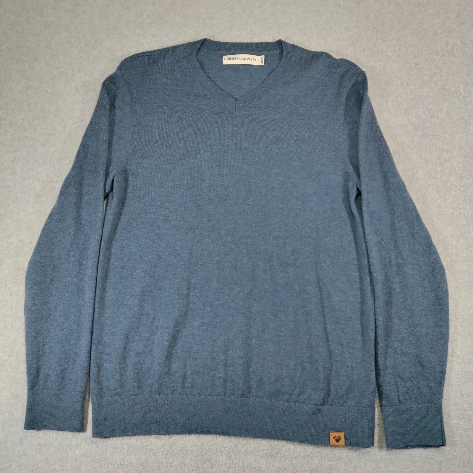 Obermeyer Mens L Blue Merino Wool Blend V Neck Sweater Knit Style 26023