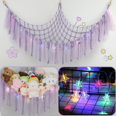 59 Inch Purple Stuffed Animal Hammock with LED Lights Wall Mount Storage Net