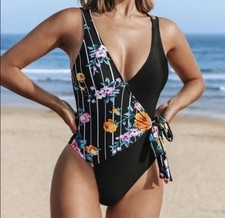 Cupshe NWT Women's XXL Black Floral One Piece Swimsuit Wrap Tie Side 2XL