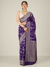 Purple Banarasi Brocade Silk Saree with Floral Zari Weave and Rich Border