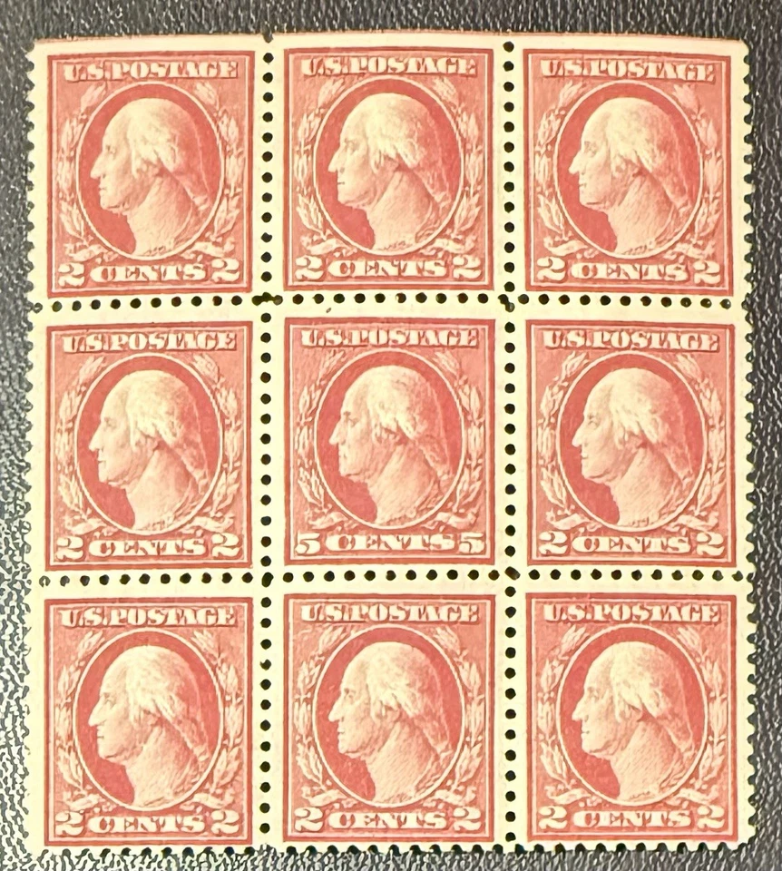 US #505; 5¢ WASHINGTON ERROR IN A BLOCK OF 9 - Image 1 of 3