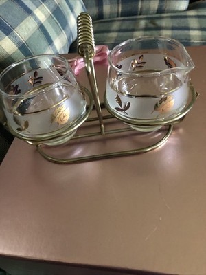 Vintage Libby Gold Leaf Foliage Cream And Sugar Bowl With Caddy