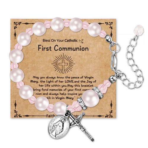 Virgin Mary Rosary Bead Cross Chain Simulated Pearl Beaded Bracelet for Women - Picture 47 of 56