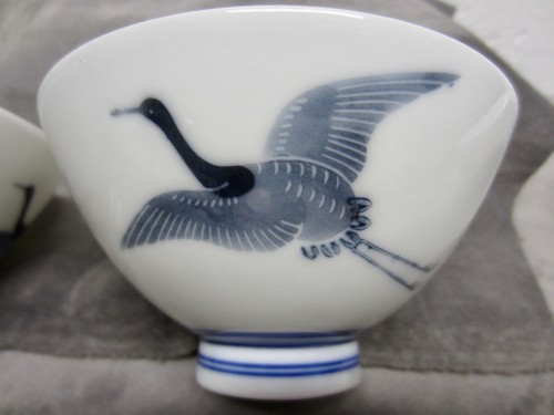 Set/8 Vintage Japanese BLUE HERON Crane BONE CHINA Rice Soup Bowls 4.5" Diameter - Picture 5 of 7