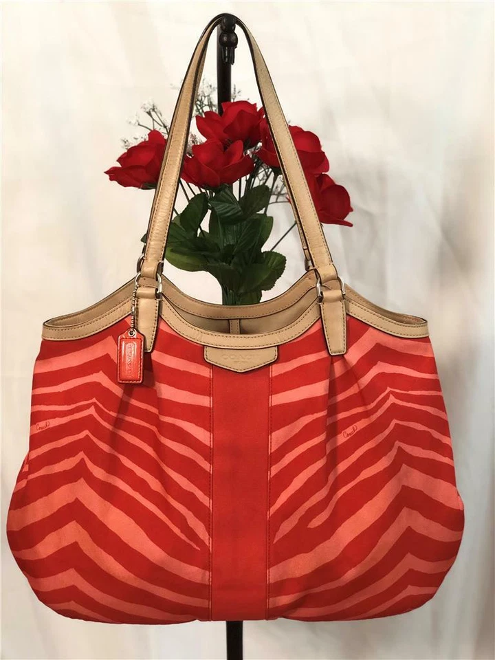 COACH Signature Devin Stripe Zebra Print Shoulder Bag Peach Orange/Tan #F24022