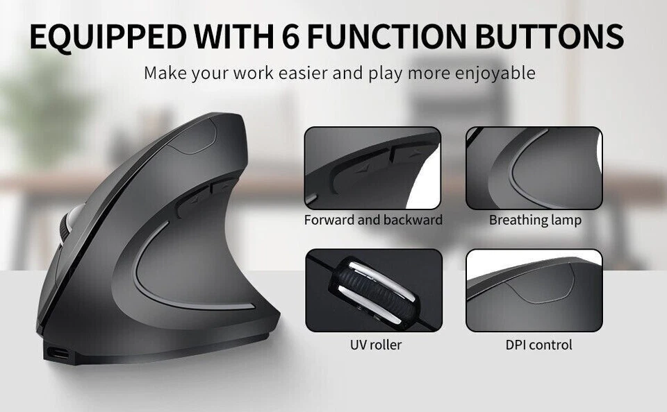 Вертикальная мышь эргономичная беспроводная 2,4 ГГц, 3 регулируемых точки на дюйм 800/1200/1600 - Изображение 3 из 4