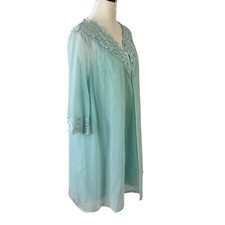 Vanity Fair Robe  Nightgown Peignoir Set Sheer Blue Lace Vintage 1960s Medium
