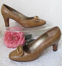 Vintage 60s Andrew Geller Lizard Leather Pumps Heels 6.5B Gold Buckle Detail